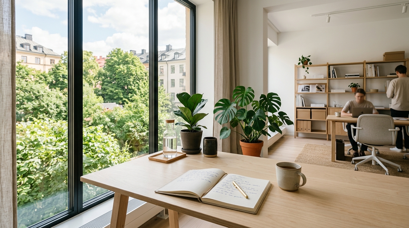 ProstAktiv Primes redaktionella arbetsplats med böcker och anteckningar