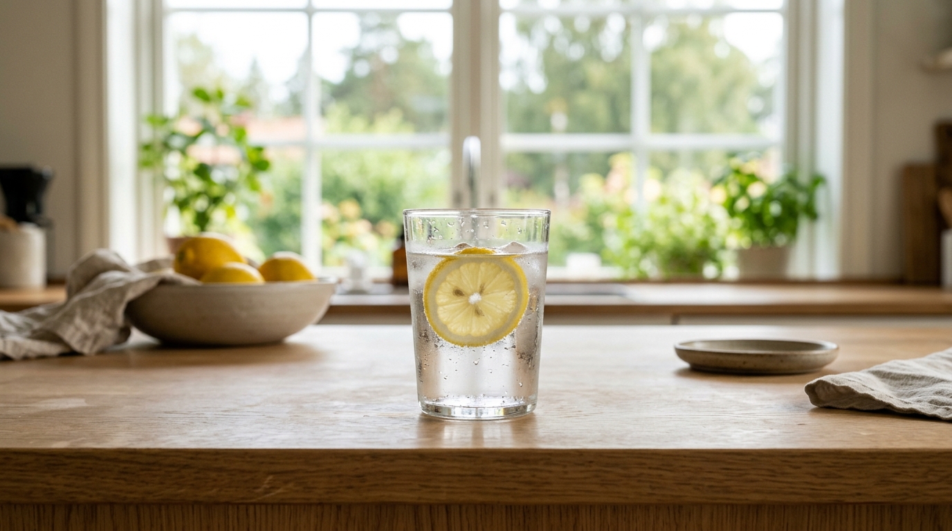 Glas med vatten och citron i skandinaviskt kök